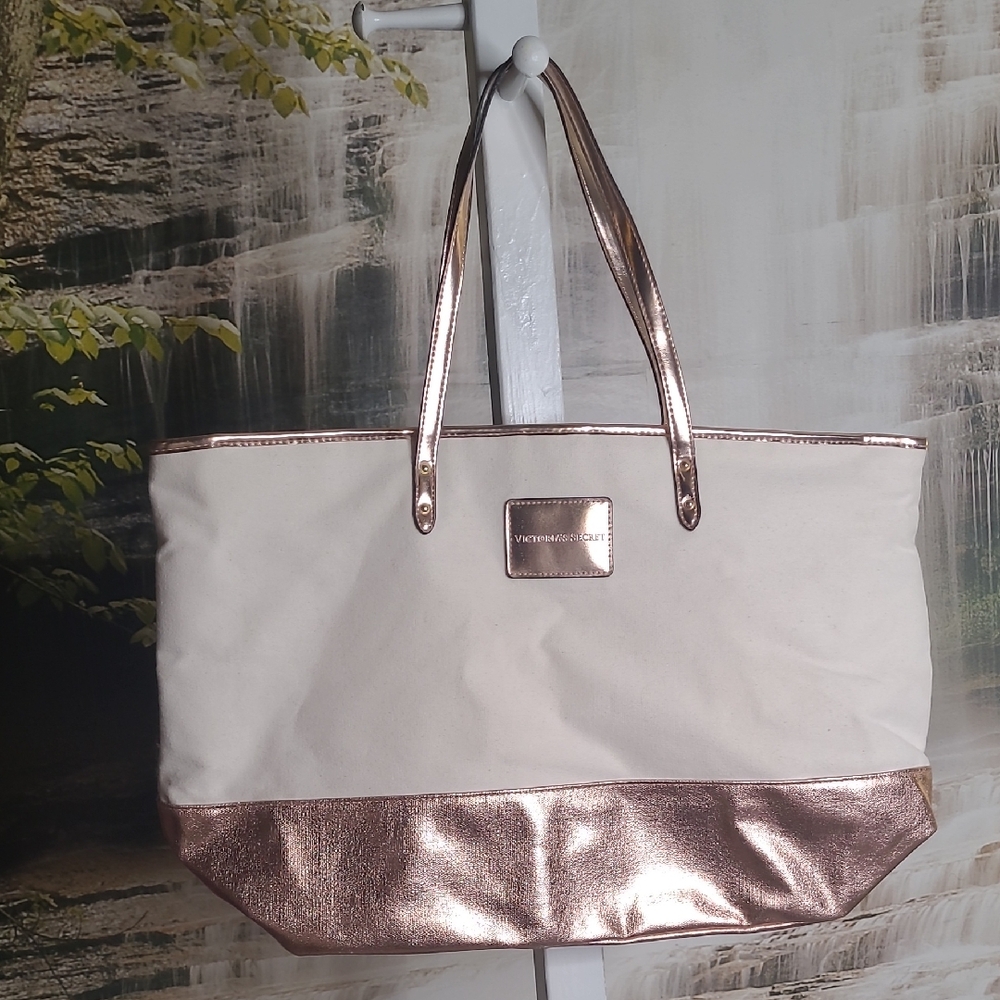 Victorias Secret Over the Shoulder Cream & Shiny Metallic Rose Zip up Tote Bag
